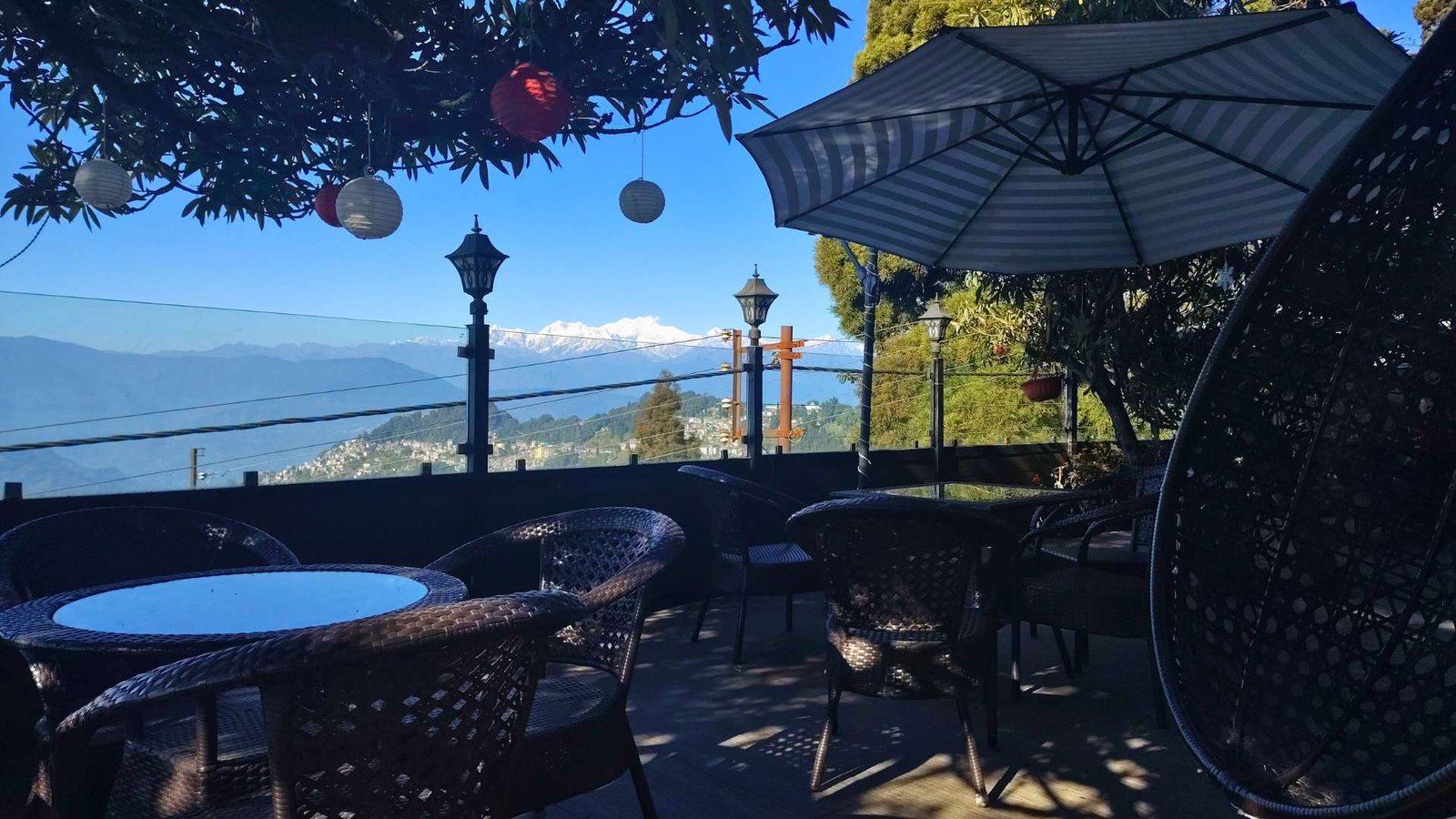 Everest Cafe deck with Kanchenjunga in the distance, Hotel Villa Everest, Darjeeling